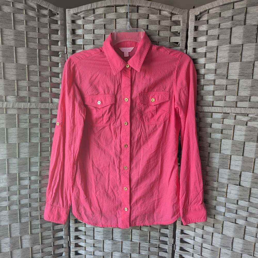 Lilly Pulitzer Button Up Shirt Fuchsia Pink Roll Tab Sleeve Sz 0 Preppy Classic